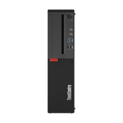 Front view of a refurbished Lenovo ThinkCentre M75S-1-SFF desktop tower featuring an AMD Ryzen 5 Pro 3400GE processor, visible USB ports, audio jacks, power button, ventilation grill, ThinkCentre logo, and red Lenovo label on the front panel. - View 1