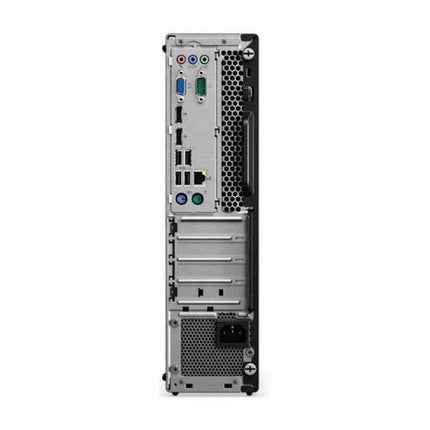 Rear view of a refurbished Lenovo ThinkCentre M75S-1-SFF desktop computer tower with AMD Ryzen 5 Pro 3400GE 3.3GHz processor, showing input/output ports, expansion slots, power supply, and ventilation grilles against a white background. - View 2