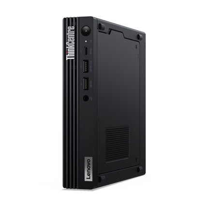 Front view of a refurbished black Lenovo ThinkCentre M80q G4 Tiny desktop with i5-13400T, 16GB RAM, 1TB SSD, and front ports. - View 3