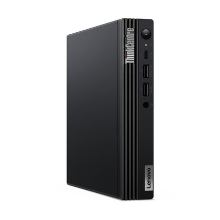 Front view of a refurbished black Lenovo ThinkCentre M80q G4 Tiny mini desktop, upright with visible Lenovo branding and front USB ports. - View 1