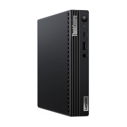 Front view of a refurbished Lenovo ThinkCentre M80q Tiny desktop standing vertically next to a Lenovo TIO 22″ G3 Monitor on a plain white background. This compact workstation features an Intel Core i5-10400T 2.0GHz processor, 16GB DDR4 RAM, and a speedy 256GB NVMe SSD, making it an efficient space-saving solution for home or office use. - View 3