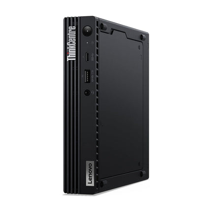 Front view of a refurbished black Lenovo ThinkCentre M80q Tiny desktop standing vertically, showing front USB ports, power button, and ThinkCentre branding, alongside a 22″ Lenovo TIO G3 monitor; an ideal compact desktop solution with Intel Core i5-10400T processor, 16GB DDR4 RAM, and 256GB NVMe SSD. - View 4