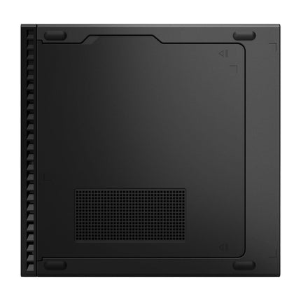 Side view of a black Lenovo ThinkCentre M90q Gen 3-Tiny desktop side panel, showing ventilation slits on the left edge and a perforated vent near the lower center. The design includes geometric lines and small arrow symbols in the corners, highlighting a modern look for systems with Intel Core i5-12500T, 16GB DDR4 RAM, 256GB NVMe SSD, WiFi, and Bluetooth. - View 4