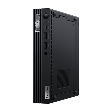 Front view of a refurbished Lenovo ThinkCentre M90q Gen 3-Tiny mini desktop computer in black, shown standing vertically. The image highlights its front and side panels with multiple USB ports, a power button, ventilation grills, and branding labels. Features include an Intel Core i5-12500T 2.0GHz processor, 16GB DDR4 RAM, 256GB NVMe SSD, internal WiFi, and Bluetooth for reliable performance in a sleek design. - View 5