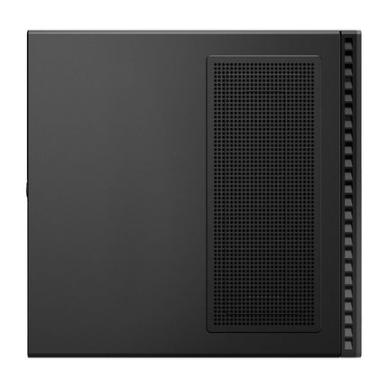 Side view of a black Lenovo ThinkCentre M90q Gen 3-Tiny desktop computer case, showing a rectangular ventilation grille and vertical slats along the right edge against a white background; this refurbished Lenovo desktop features an Intel Core i5-12500T processor, 16GB DDR4 RAM, and a 256GB NVMe SSD. - View 3