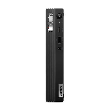 Front view of a refurbished Lenovo ThinkCentre M90q Tiny mini desktop displayed vertically, featuring a power button, USB ports, audio jack, and visible ThinkCentre and Lenovo branding; equipped with an Intel Core i5-10500T 2.3GHz processor. - View 1