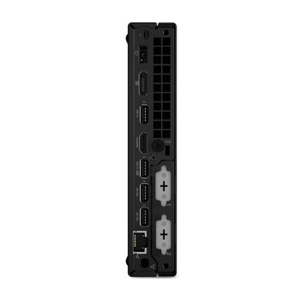 Rear view of a Lenovo ThinkCentre M90q Tiny refurbished desktop showcasing vertically arranged ports including power, HDMI out, HDMI in, USB, IR out, S/PDIF, Ethernet, and two rectangular expansion slots. Visible features highlight its Intel Core i5-10500T 2.3GHz processor, 16GB DDR4 RAM, 512GB NVMe SSD storage, plus internal WiFi and Bluetooth capabilities. - View 2