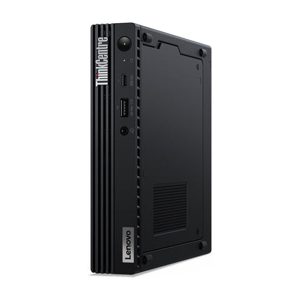Front view of a black Lenovo ThinkCentre M90q Tiny Desktop standing vertically, displaying its front and side panels with multiple ports and the ThinkCentre logo near the top. This refurbished desktop features an Intel Core i7-10700T 2.0GHz processor, 16GB DDR4 RAM, 512GB NVMe SSD, WiFi, and Bluetooth in a compact design. - View 5