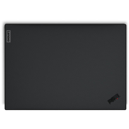 Top view of a closed black refurbished Lenovo ThinkPad P1 G5 16" laptop with visible Lenovo and ThinkPad logos on textured surface. - View 2