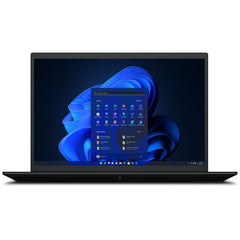 Front view of refurbished Lenovo ThinkPad P1 G5 showing Windows 11 Start menu on blue abstract wallpaper with thin black bezel.