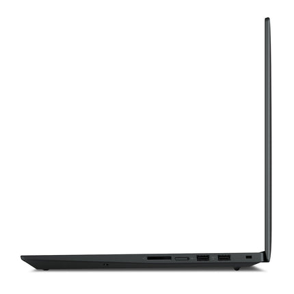 Side view of a thin black Lenovo ThinkPad P1 G5 with screen open, showing ports and slim profile on a white background. - View 4