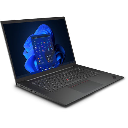 Angled view of a slim black Lenovo ThinkPad P1 G5 refurbished laptop, showing keyboard, side ports, and NVIDIA RTX 3080Ti specs. - View 5
