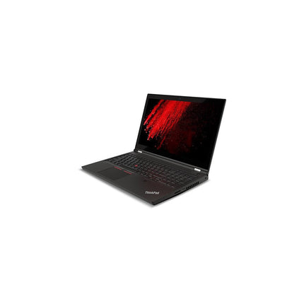 Angled view of an open black Lenovo ThinkPad P15 G2 laptop with a red abstract graphic on the screen. - View 1