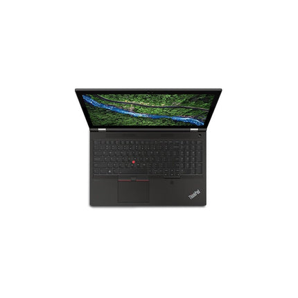Top-down view of an open black Lenovo ThinkPad P15 G2 laptop featuring a numeric keypad and a red pointing stick on the keyboard. - View 5