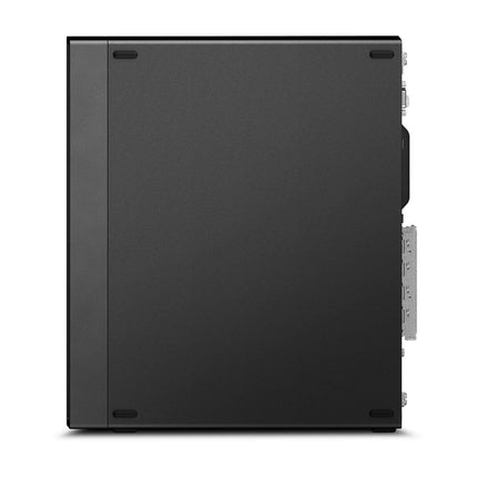Side view of a black Lenovo ThinkStation P330 SFF desktop tower with a plain solid panel and minimal details; metal ports and components are visible along the right edge. This refurbished commercial desktop features an Intel Core i5-8500 3.0GHz processor, 16GB RAM, and a 256GB NVMe SSD for reliable performance. - View 3