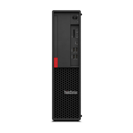 Front view of a refurbished Lenovo ThinkStation P330 SFF desktop, highlighting USB ports, audio jacks, power button, optical drive, honeycomb vent design, and ThinkStation branding. Features an Intel Core i5-8500 3.0GHz processor for reliable performance. - View 1