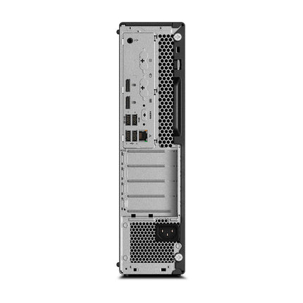 Rear view of a refurbished Lenovo ThinkStation P330 SFF desktop tower, clearly showing multiple ports including USB, audio jacks, HDMI, VGA, Ethernet port, expansion slots, air vents, and the power supply connector at the bottom. Features an Intel Core i5-8500 3.0GHz processor with 16GB RAM and a 256GB NVMe SSD. - View 2