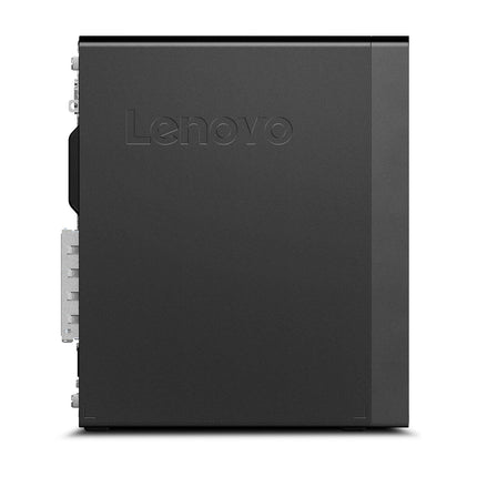 Side view of a black Lenovo ThinkStation P330 SFF desktop computer, showing the embossed Lenovo logo on the panel and connection slots along the left edge. This refurbished desktop features an Intel Core i5-8500 3.0GHz processor, 16GB RAM, and a 512GB NVMe SSD, offering reliable performance. - View 4