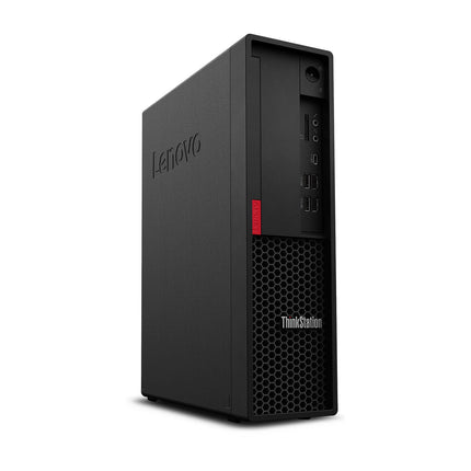 Front view of a refurbished Lenovo ThinkStation P330 SFF desktop computer tower in black on a white background, showing front USB ports, audio jacks, and power button. Features an Intel Core i7-8700 3.2GHz processor, 16GB RAM, and 512GB NVMe SSD for reliable performance. - View 5