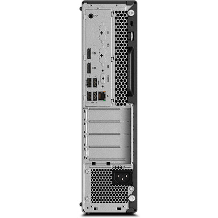 Rear view of the Lenovo ThinkStation P330 SFF refurbished desktop, featuring the Intel Core i7-8700 3.2GHz, 16GB RAM, and 512GB NVMe SSD, highlighting visible ports, expansion slots, ventilation grids, and a power supply socket at the bottom. - View 2