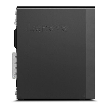 Side view of a black Lenovo ThinkStation P330 SFF desktop computer tower with a smooth surface and embossed Lenovo logo. This refurbished model features an Intel Core i7-8700 3.2GHz processor, 16GB RAM, and a 512GB NVMe SSD, ideal for professional and personal use. - View 3