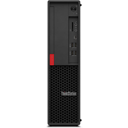 Front view of a refurbished Lenovo ThinkStation P330 SFF desktop computer, featuring visible USB ports, audio jacks, power button, and a distinctive honeycomb vent on the bottom front panel. Lenovo and ThinkStation logos are prominent on the case. This model includes an Intel Core i7-8700 3.2GHz processor, 16GB RAM, and a 512GB NVMe SSD for high performance. - View 1