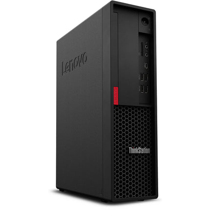 Front view of a refurbished Lenovo ThinkStation P330 SFF desktop, featuring a sleek black tower design with visible front ports, power button, Lenovo branding, and a mesh vent at the bottom labeled ThinkStation. Powered by an Intel Core i7-8700 3.2GHz processor, 16GB RAM, and a 512GB NVMe SSD for professional style and reliable performance. - View 5
