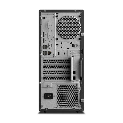 Rear view of refurbished Lenovo ThinkStation P330 T desktop, ports, expansion slots, ventilation grilles, USB and Ethernet visible. - View 2