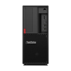 Front view of refurbished Lenovo ThinkStation P330 T desktop with honeycomb vent, ports, i7-8700, 32GB RAM, 1TB SSD, Quadro K2200.