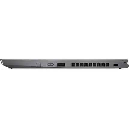 Side view of a thin dark grey Lenovo X1 Yoga G4 laptop featuring ports and cooling vents. - View 4