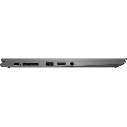 Side view of a closed refurbished Lenovo X1 Yoga G4 laptop featuring a 14″ Touch FHD display, Intel Core i5-8350U 1.7GHz processor, 8GB DDR4 RAM, and 256GB NVMe SSD, displaying its USB, HDMI, and audio ports. - View 3