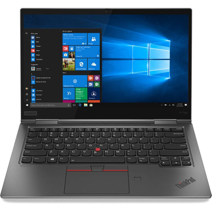 Front view of a refurbished Lenovo X1 Yoga G4 14″ Touch FHD laptop, Intel Core i5-8350U 1.7GHz, 8GB DDR4, 256GB NVMe SSD, showing a Windows 11 Pro desktop, black keyboard, and red trackpoint. - View 1