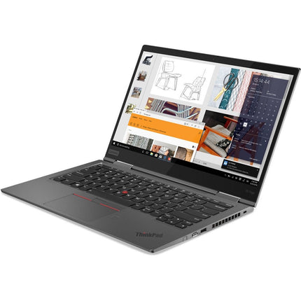 Angled view of a refurbished dark grey Lenovo X1 Yoga G4 laptop featuring a 14″ touch FHD display with a Windows 11 Pro interface, backlit keyboard, Intel Core i5-8350U 1.7GHz processor, 8GB DDR4 RAM, and 256GB NVMe SSD. - View 5