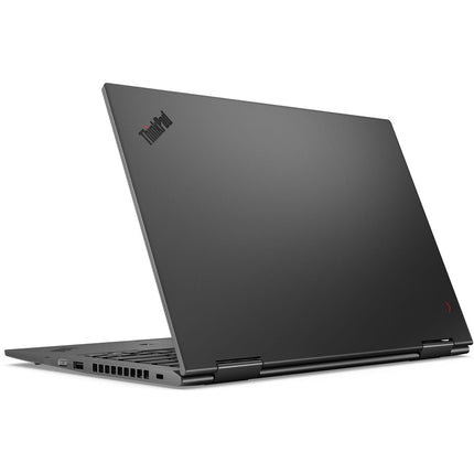 Refurbished charcoal gray Lenovo X1 Yoga G4 laptop, 14″ Touch FHD, Intel Core i5-8350U 1.7GHz, 8GB DDR4, 256GB NVMe SSD, angled rear view with lid partially open. - View 2