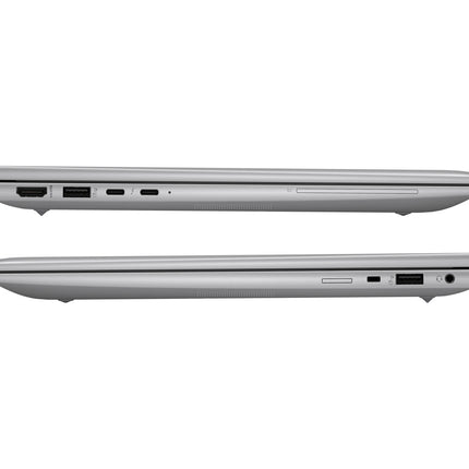 Side view of two silver HP ZBOOK FIREFLY 14 G11 A laptops, both closed, highlighting the variety of ports: HDMI, USB, Ethernet, and SD card slot on the left side; USB port and lock slot on the right. These refurbished HP laptops feature 14” FHD displays, AMD Ryzen 5 8640HS processors at 3.5GHz, 16GB DDR4 RAM, and a fast 512GB NVMe SSD for reliable professional performance. - View 3