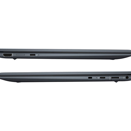 Side view of two closed laptops on a plain white background, with visible ports including HDMI, USB, headphone jack, and charging connections. One laptop is an HP DRAGONFLY G4 13.5” Touch refurbished model featuring an Intel Core i7-1365U 1.8GHz processor, 32GB DDR4 RAM, and a 1TB NVMe SSD. - View 3