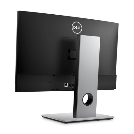 Rear view of a Dell OptiPlex 5490 AIO 23.8″ FHD, highlighting its ports, silver stand with a circular cable management hole, and the Dell OptiPlex 5490 AIO logo centered at the top. - View 5