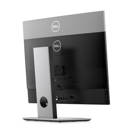 Rear view of a Dell OptiPlex 5490 AIO, 23.8″ FHD all-in-one desktop, displaying its ports, ventilation grilles, and DELL logos on both the silver stand and back panel. - View 4