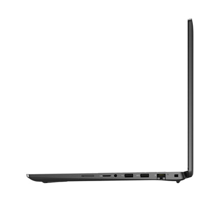 Side view of a refurbished black DELL Latitude 3520 laptop, open at 90°, showing ports on the left edge against white background. - View 4
