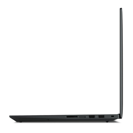Side view of a thin black Lenovo ThinkPad P1 G5 with screen open, showing ports and slim profile on a white background. - View 4
