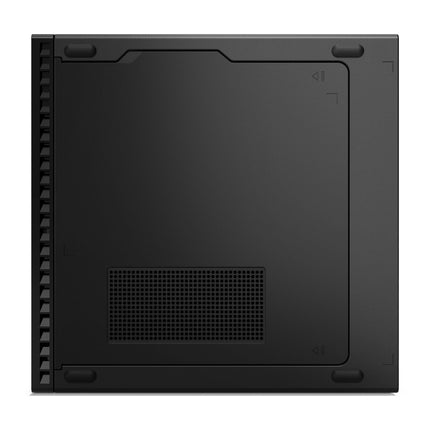 Side view of a refurbished Lenovo ThinkCentre M90q Tiny desktop case with visible air vents and a grid of small ventilation holes near the bottom, designed for high-performance components like an Intel Core i5-10500T 2.3GHz processor, 16GB DDR4 RAM, and a 256GB NVMe SSD. - View 4