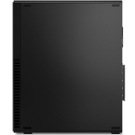 Side view of a Lenovo ThinkCentre M70S GEN 3 SFF desktop, featuring a plain black metal panel and subtle ventilation slits near the lower left edge. This refurbished small form factor PC comes equipped with an Intel Core i5-12500 processor, 16GB DDR4 RAM, and a 256GB NVMe SSD, offering reliable performance in a compact, understated design. - View 5