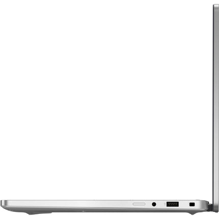 Side view of a refurbished DELL Pro 14 Plus PB14250 laptop, partially open at a 90-degree angle to display USB, headphone jack, and SD card ports. Shown on a plain white background, this 14″ FHD laptop features an Intel Core Ultra 7 268V processor and 32GB DDR4 RAM for high performance. - View 4