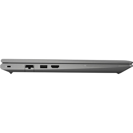 Side view of the refurbished HP ZBOOK Power G8 (15.6”), showcasing ports along the left edge such as Ethernet, USB, HDMI, and a card slot. This sleek silver laptop features an Intel Core i7-11850H processor, 32GB DDR4 RAM, 1TB NVMe SSD storage, and an NVIDIA Quadro T1200 4GB graphics card for powerful performance and versatile connectivity. - View 3