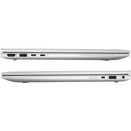 Side view of two HP EliteBook 845 G10 refurbished laptops, showing slim design, visible ports, 14” FHD display, and Ryzen 7 Pro CPU. - View 3