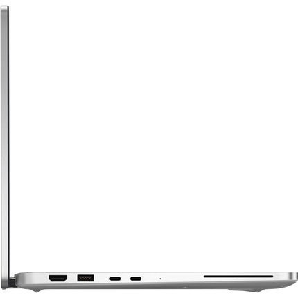 Side view of a refurbished Dell Pro 14 Plus PB14250 laptop open at a 90-degree angle, showing USB, HDMI, and two USB-C ports along the left edge. This 14″ FHD Intel Core Ultra 7 268V laptop features 32GB DDR4 RAM and a fast 512GB NVMe SSD for efficient multitasking. - View 3