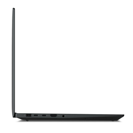Side view of a sleek, black Lenovo ThinkPad P1 G5 laptop (16”, i9-12900H, 64GB RAM) showing ports and thin profile. - View 3