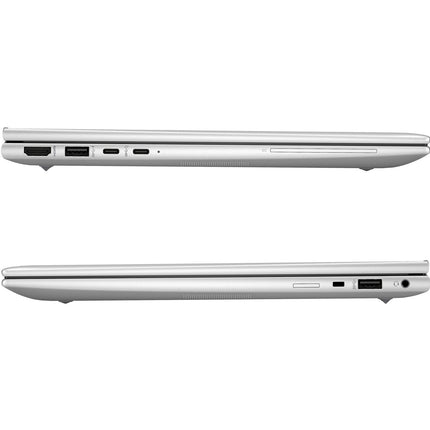 Side views of closed, refurbished HP EliteBook 845 G9 laptop, highlighting left and right edge ports: USB, HDMI, SD slot, audio jack. - View 3