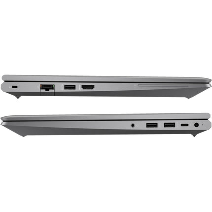 Side views of a closed, silver refurbished HP ZBOOK Power G10 15.6” laptop with Intel Core i7-13800H, 32GB DDR4 RAM, NVIDIA RTX A1000 6GB graphics, and 1TB NVMe SSD, showcasing USB, HDMI, Ethernet, USB-C ports, and SD card slot along both edges. - View 3