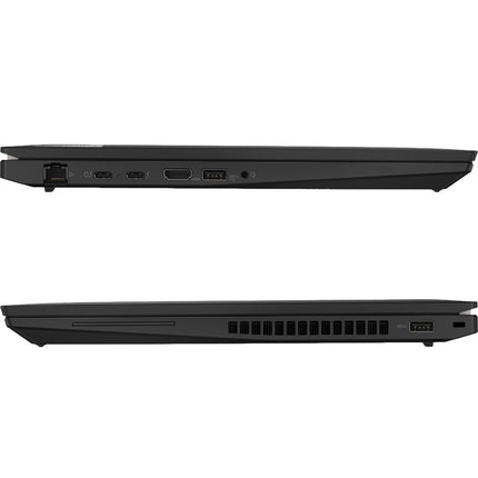 Side view of closed Lenovo T16 G1 laptop showing ports, vents, and power connector. Specs: 16" FHD, i5-1235U, 16GB RAM, 512GB SSD. - View 3